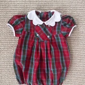 Little English Red and Green Tartan Bubble Romper with White Collar Trim